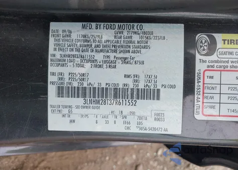 2007 Lincoln Mkz z USA, uszkodzony, nr VIN 3LNHM28T37R611552